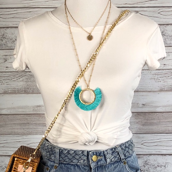 Bermuda Turquoise and Gold Tassel Pendant Necklace - Picture 6 of 6